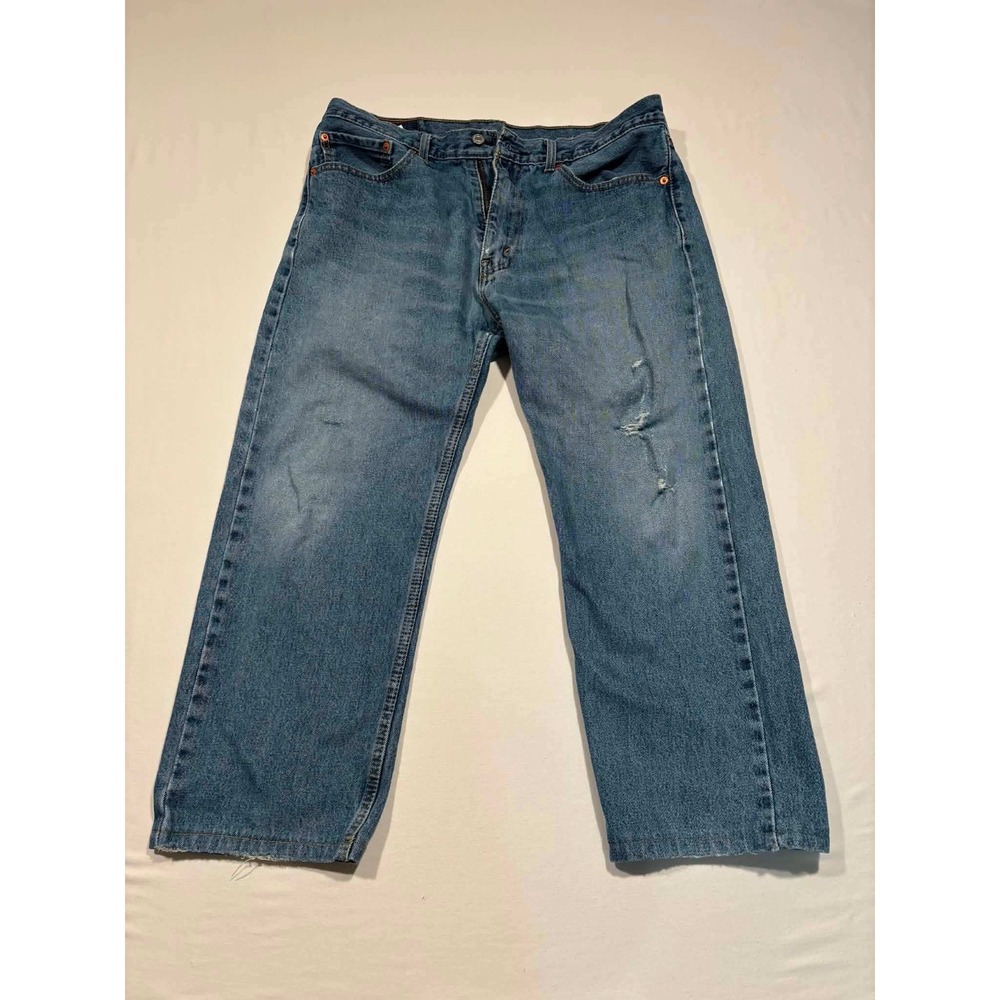 Levis 505 Regular Fit Straight Leg Jeans Medium Wash Blue Denim 36x30 Distressed